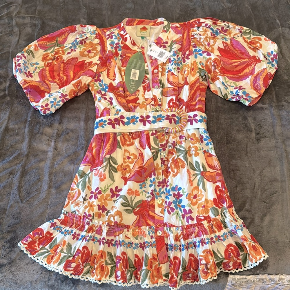 FARM Rio Belted Mini Dress with Red-Orange Floral Print